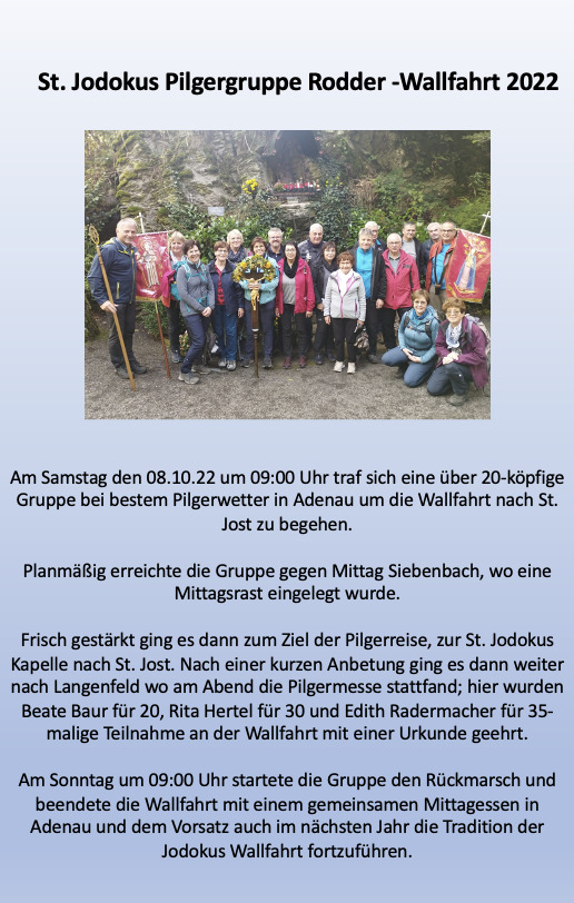 Rodder Gemeinde Rodder St. Jodokus Pilgergruppe Rodder -Wallfahrt 2022￼ Gemeinde Rodder Eifel Bildschirmfoto 2022 10 13 um 19.08.44